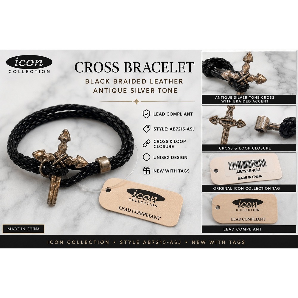 Icon Collection Cross Bracelet Black Braided Leather Antique Silver AB7215-ASJ